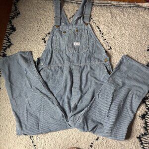 Vtg Red Rock distressed destroyed thrashed striped cotton overalls men's M/L